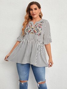 Mulvari Plus Striped Floral Embroidery Flounce Sleeve Notched Neck Peplum Blouse - White - View 4