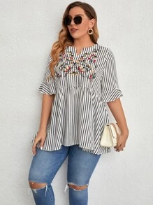 Mulvari Plus Striped Floral Embroidery Flounce Sleeve Notched Neck Peplum Blouse - White - View 5