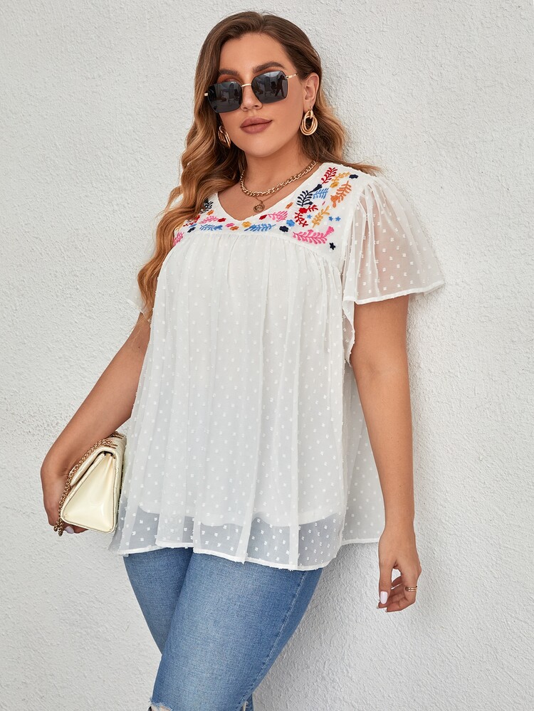 Mulvari Plus Floral Embroidery Swiss Dot Butterfly Sleeve Chiffon Blouse - White - View 4