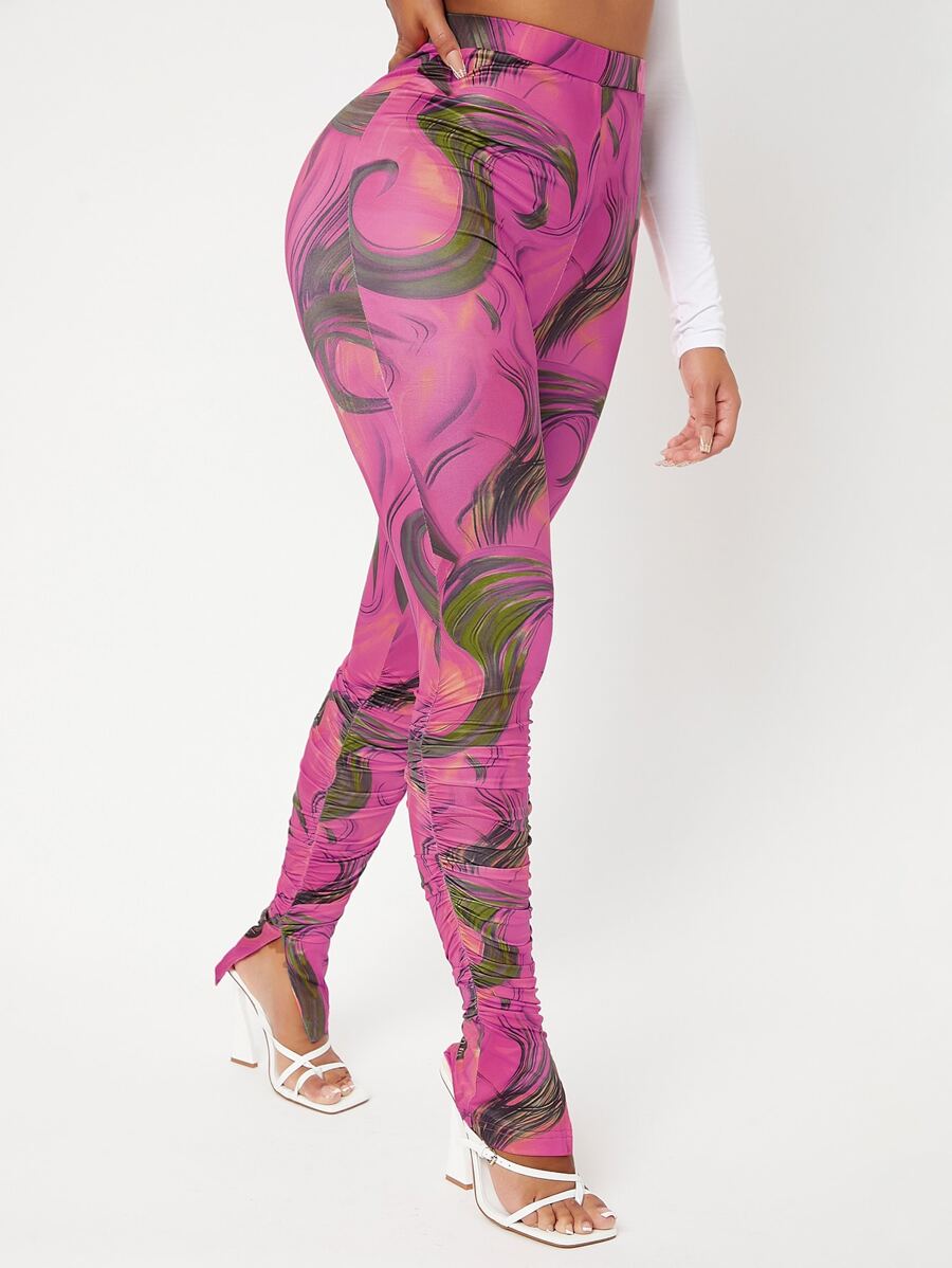 SHEIN SXY Leggings bajo con abertura fruncido con estampado de dibujo - Multicolor - Ver 1