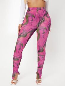 SHEIN SXY Leggings bajo con abertura fruncido con estampado de dibujo - Multicolor - Ver 3