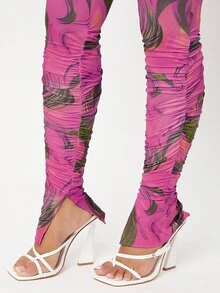 SHEIN SXY Leggings bajo con abertura fruncido con estampado de dibujo - Multicolor - Ver 4