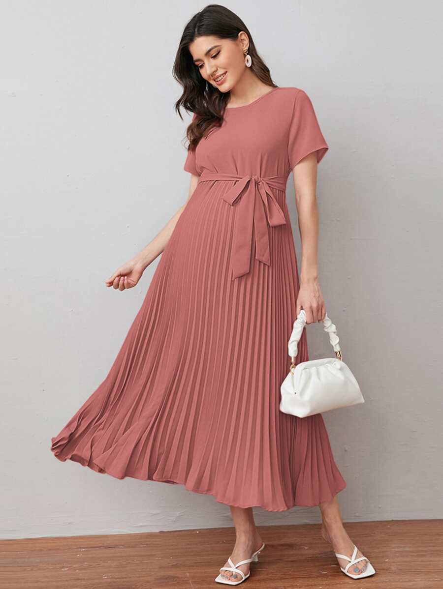 SHEIN Váy Bà bầu Thắt lưng Nút Xếp li Dây kéo màu trơn Thanh lịch - Màu hồng gỉ - Xem 1