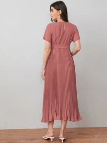 SHEIN Váy Bà bầu Thắt lưng Nút Xếp li Dây kéo màu trơn Thanh lịch - Màu hồng gỉ - Xem 2