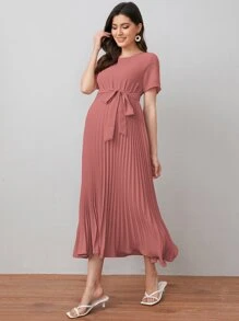 SHEIN Váy Bà bầu Thắt lưng Nút Xếp li Dây kéo màu trơn Thanh lịch - Màu hồng gỉ - Xem 3