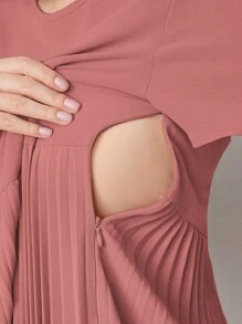 SHEIN Váy Bà bầu Thắt lưng Nút Xếp li Dây kéo màu trơn Thanh lịch - Màu hồng gỉ - Xem 4