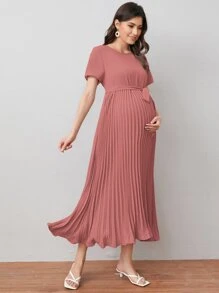 SHEIN Váy Bà bầu Thắt lưng Nút Xếp li Dây kéo màu trơn Thanh lịch - Màu hồng gỉ - Xem 5