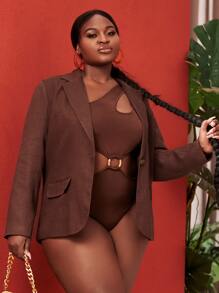 SHEIN SXY 大碼缺口領翻蓋口袋西裝外套 - 巧克力棕 - 查看 1