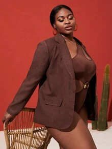 SHEIN SXY 大碼缺口領翻蓋口袋西裝外套 - 巧克力棕 - 查看 2
