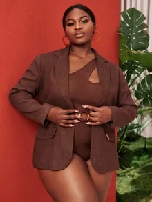 SHEIN SXY 大碼缺口領翻蓋口袋西裝外套 - 巧克力棕 - 查看 3