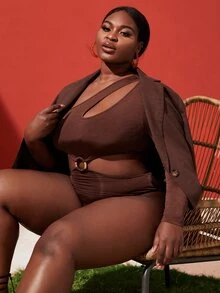 SHEIN SXY 大碼缺口領翻蓋口袋西裝外套 - 巧克力棕 - 查看 4