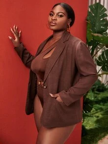 SHEIN SXY 大碼缺口領翻蓋口袋西裝外套 - 巧克力棕 - 查看 5