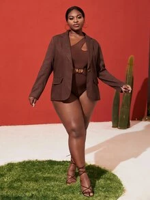 SHEIN SXY 大碼缺口領翻蓋口袋西裝外套 - 巧克力棕 - 查看 6