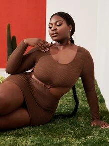 Slaydiva Plus O-ring Cut Out Waist Rib-knit Dress - Chocolate Brown - View 1