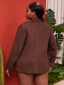 SHEIN SXY 大碼缺口領翻蓋口袋西裝外套 - 巧克力棕 - 查看 8