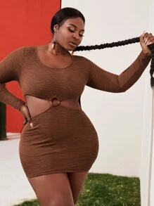 Slaydiva Plus O-ring Cut Out Waist Rib-knit Dress - Chocolate Brown - View 3