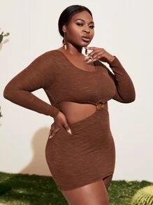 Slaydiva Plus O-ring Cut Out Waist Rib-knit Dress - Chocolate Brown - View 4