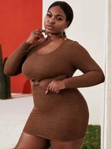 Slaydiva Plus O-ring Cut Out Waist Rib-knit Dress - Chocolate Brown - View 5