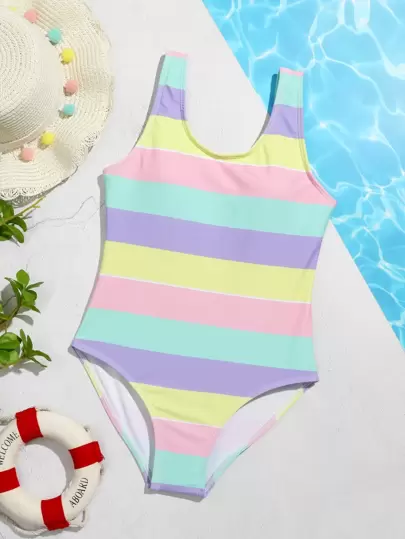 SHEIN Tween Girl Striped One Piece Swimsuit