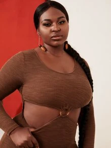 Slaydiva Plus O-ring Cut Out Waist Rib-knit Dress - Chocolate Brown - View 6