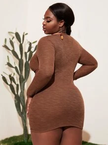 Slaydiva Plus O-ring Cut Out Waist Rib-knit Dress - Chocolate Brown - View 7
