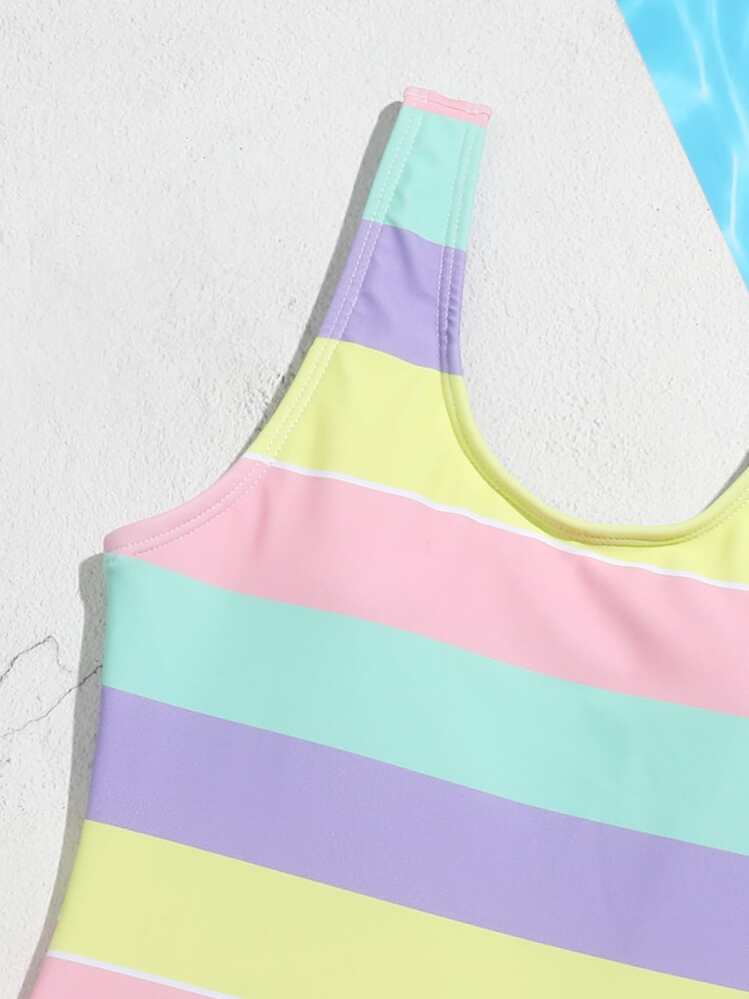 SHEIN Tween女孩條紋單片式泳衣 - 彩色 - 查看 3