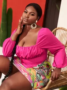 SHEIN SXY Plus Lantern Sleeve Ruched Bust Asymmetrical Hem Top - Hot Pink - View 1