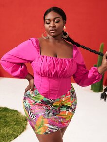 SHEIN SXY Plus Lantern Sleeve Ruched Bust Asymmetrical Hem Top - Hot Pink - View 2