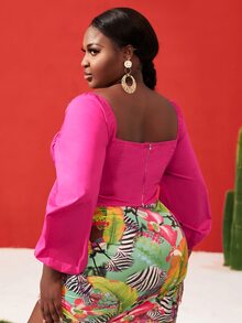 SHEIN SXY Plus Lantern Sleeve Ruched Bust Asymmetrical Hem Top - Hot Pink - View 8