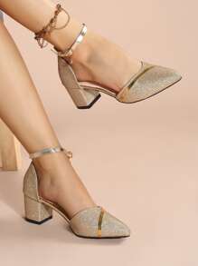 Giày cao gót mũi nhọn đế dày 5.5cm, đế dày, lấp lánh, màu trơn, họa tiết sọc vá, mẫu mới xuân/hè/thu/đông 2025, thích hợp cho các hoạt động ngoài trời, đám cưới, kỳ nghỉ, tiệc tùng, phong cách cung điện thanh lịch, thời trang tối giản dành cho nữ, thanh lịch - Vàng - Xem 4