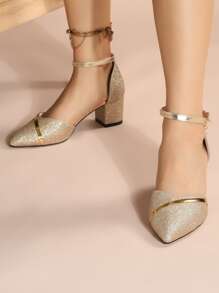 Giày cao gót mũi nhọn đế dày 5.5cm, đế dày, lấp lánh, màu trơn, họa tiết sọc vá, mẫu mới xuân/hè/thu/đông 2025, thích hợp cho các hoạt động ngoài trời, đám cưới, kỳ nghỉ, tiệc tùng, phong cách cung điện thanh lịch, thời trang tối giản dành cho nữ, thanh lịch - Vàng - Xem 3