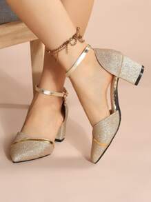 Giày cao gót mũi nhọn đế dày 5.5cm, đế dày, lấp lánh, màu trơn, họa tiết sọc vá, mẫu mới xuân/hè/thu/đông 2025, thích hợp cho các hoạt động ngoài trời, đám cưới, kỳ nghỉ, tiệc tùng, phong cách cung điện thanh lịch, thời trang tối giản dành cho nữ, thanh lịch - Vàng - Xem 5