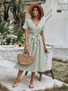 Striped Print V Neck Belted Dress - Multicolor - View 1