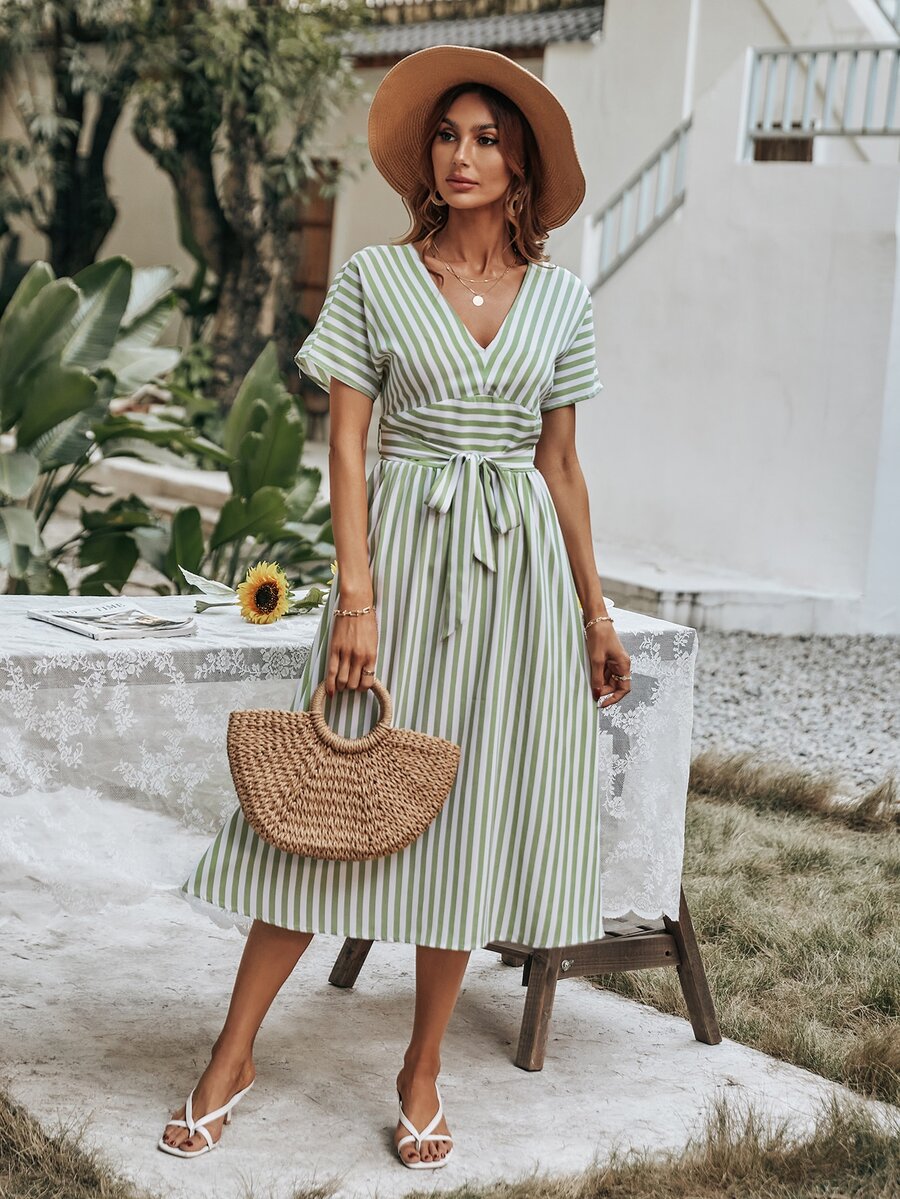 Striped Print V Neck Belted Dress - Multicolor - View 1