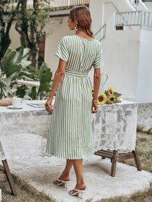 Striped Print V Neck Belted Dress - Multicolor - View 2