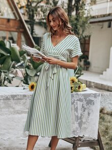 Striped Print V Neck Belted Dress - Multicolor - View 3