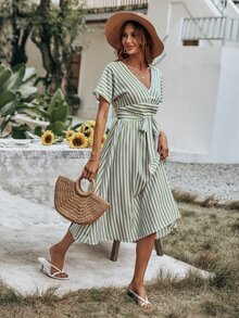 Striped Print V Neck Belted Dress - Multicolor - View 4