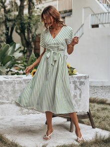 Striped Print V Neck Belted Dress - Multicolor - View 5
