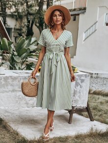 Striped Print V Neck Belted Dress - Multicolor - View 6