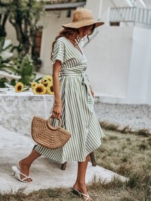 Striped Print V Neck Belted Dress - Multicolor - View 7