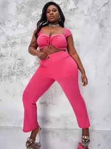 Slaydiva Plus Elastic Waist Flare Leg Trousers - Hot Pink - View 3