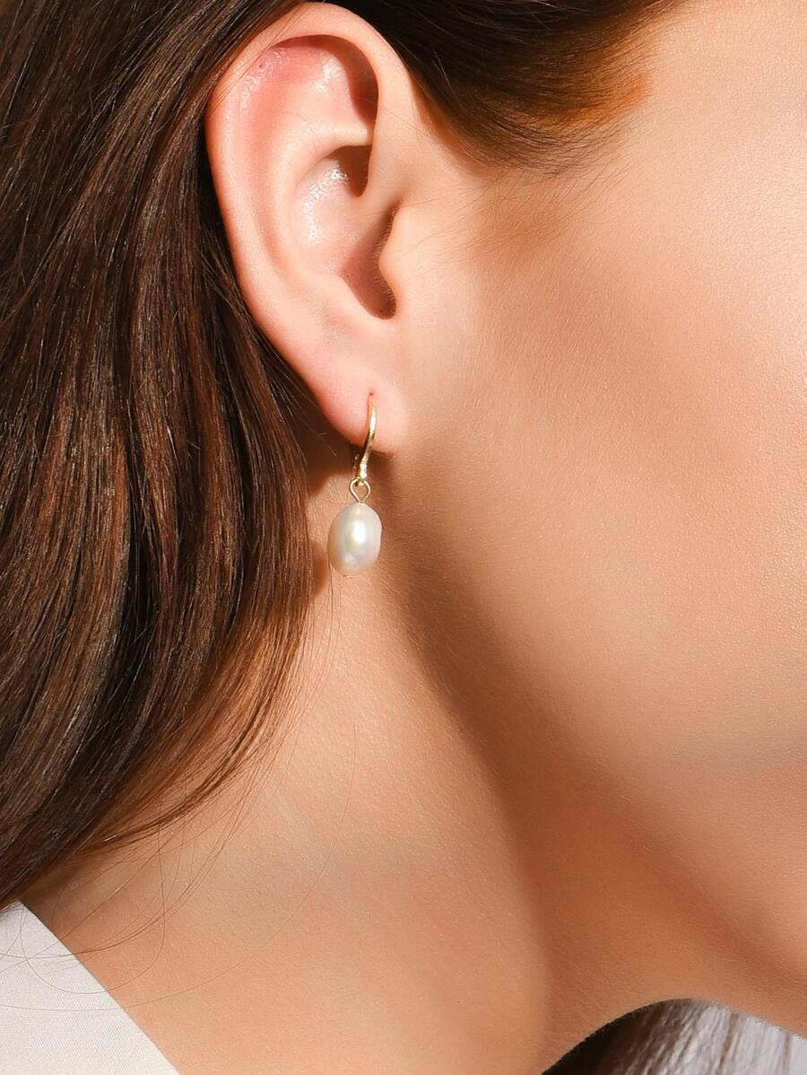 Natural Pearl Decor Drop Earrings - Yellow Gold - View 1