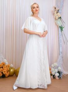 SHEIN Belle 大碼蝴蝶袖花卉圖案網眼刺繡超長婚紗洋裝