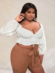 Slaydiva Áo sơ mi Plus Size Dây kéo Viên lá sen Trọn gói Dải chun màu trơn Gợi cảm - trắng - Xem 3