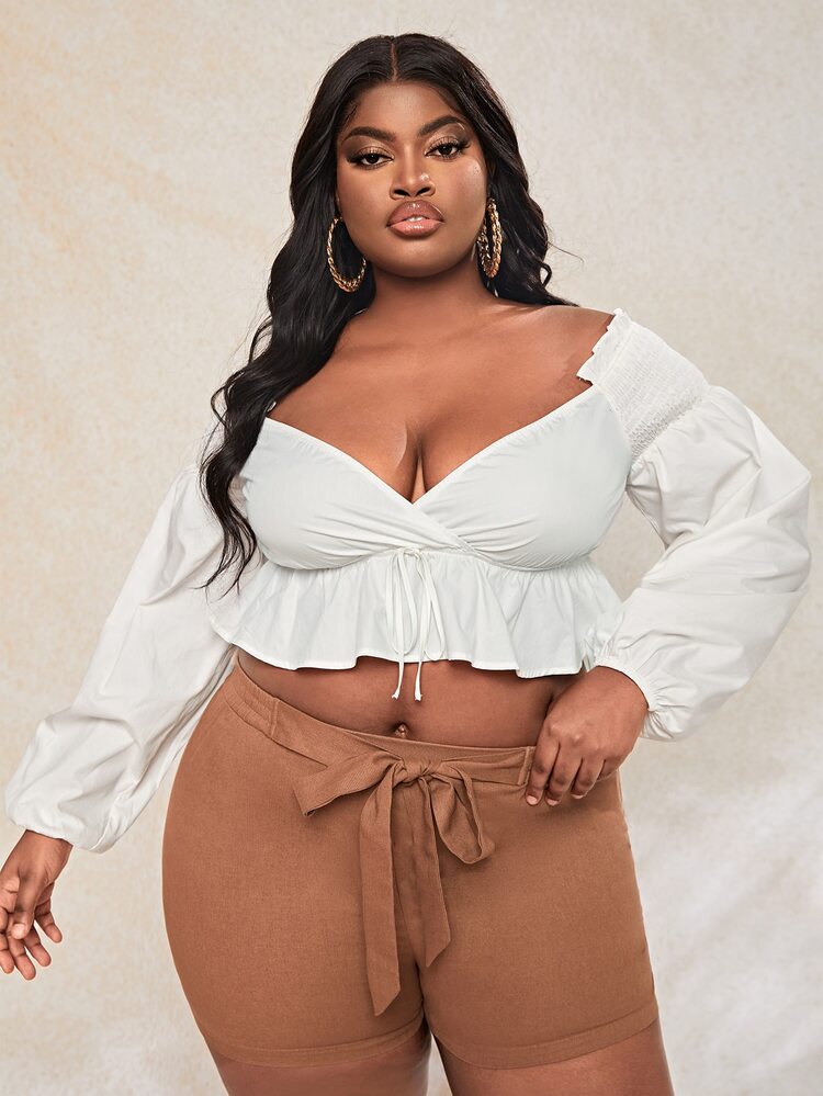 Slaydiva Áo sơ mi Plus Size Dây kéo Viên lá sen Trọn gói Dải chun màu trơn Gợi cảm - trắng - Xem 4