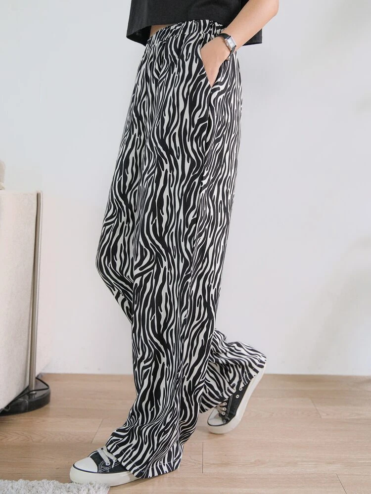 High Waist Zebra Striped Wide Leg Pants