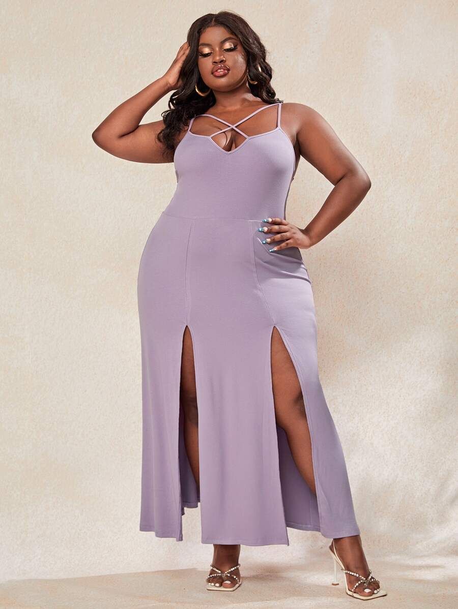Slaydiva 大碼素色高衩十字交叉吊帶連衣裙 - 紫丁香色 - 查看 1