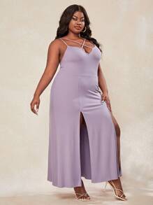 Slaydiva 大碼素色高衩十字交叉吊帶連衣裙 - 紫丁香色 - 查看 4