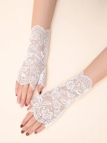Flower Pattern Lace Bridal Gloves - White - View 1