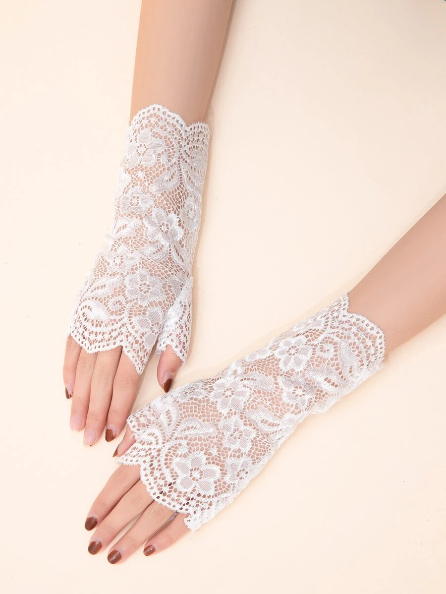 Flower Pattern Lace Bridal Gloves - White - View 1